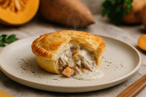 Freshly baked creamy hangi pie with flaky golden pastry and a rich savoury filling, styled on a rustic table