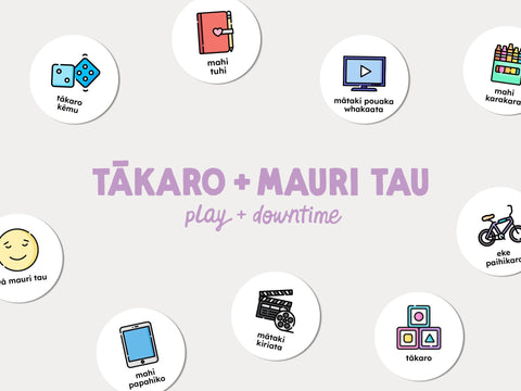 Te reo Māori play and downtime routine card guide with English translations and sentence examples