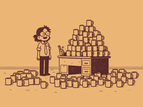 A two colour sketch of a teacher standing next to a desk piled high with an excessive number of generic mugs. The teacher displays a bewildered but grateful expression, reflecting mixed emotions in a humorous yet appreciative setting.