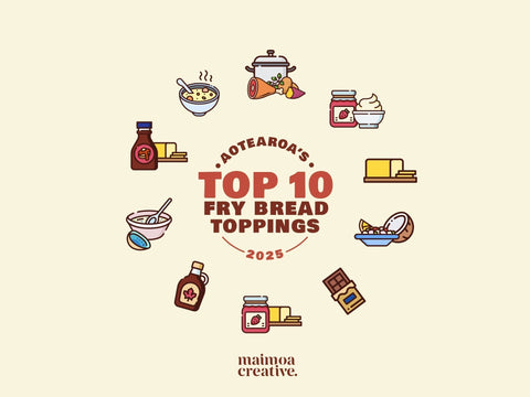 Illustrated graphic titled “Aotearoa’s Top 10 Fry Bread Toppings 2025” by Maimoa Creative, featuring icons of popular sweet and savoury toppings.