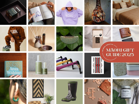 Collage of various gift items by Māori businesses with a 'Maori Gift Guide 2025' label.