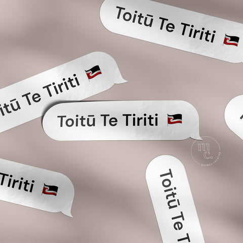 Multiple "Toitū Te Tiriti" vinyl decals on a textured background, showcasing elegant design with the Māori tino rangatiratanga flag