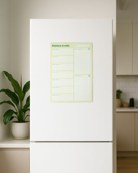 Green weekly māori magnetic planner on a white refrigerator in a kitchen setting