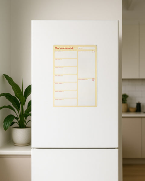 Fridge with a yellow weekly māori magnetic planner attached in a kitchen setting