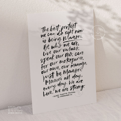 Printable quote by Kiingi Tuheitia on being Māori, displayed as a downloadable poster on a white background.