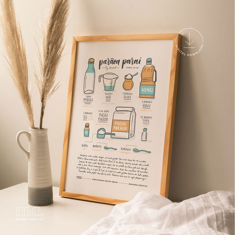 Framed illustrated parāoa parai (fry bread) recipe print by Maimoa Creative, shown as a digital download for kitchen display.