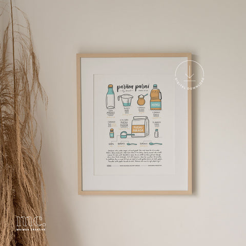Framed digital print of Maimoa Creative’s illustrated parāoa parai (fry bread) recipe, styled simply for kitchen or home display.