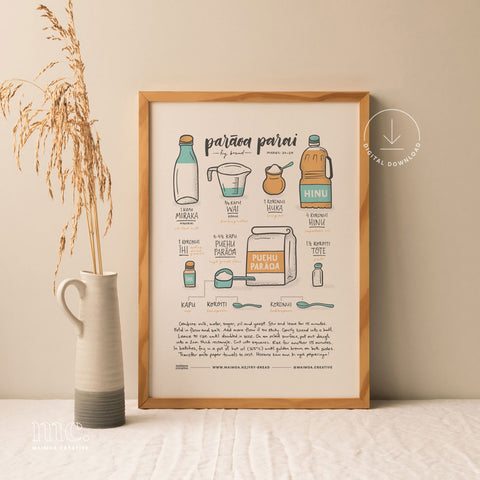 Framed parāoa parai (fry bread) illustrated recipe print by Maimoa Creative, styled for digital download and kitchen display.