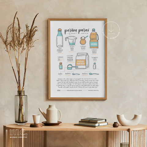 Framed parāoa parai (fry bread) recipe print by Maimoa Creative, styled on a modern wooden console as a digital kitchen wall download.