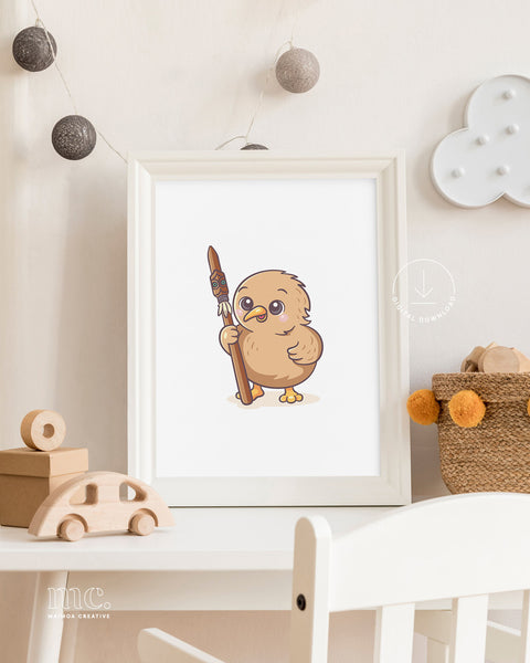 Framed illustration of a cartoon kiwi bird holding a taiaha in a child's room.