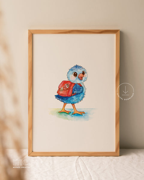 Framed watercolour illustration of a happy pūkeko bird wearing a red school bag with a tino rangatiratanga pin