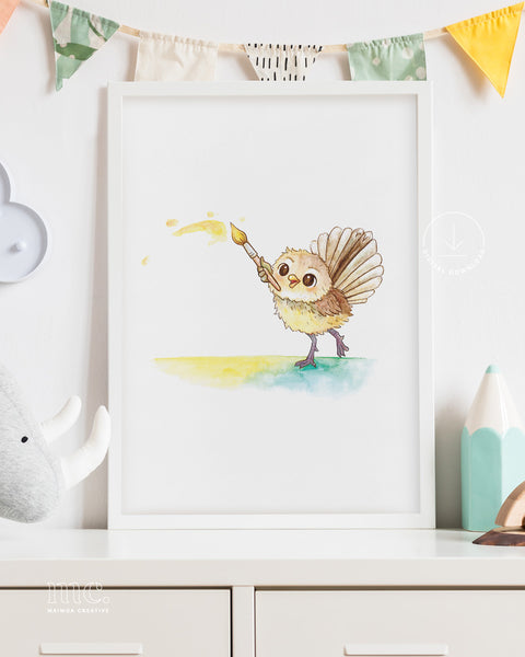 Framed watercolour illustration of a piwakawaka bird with a paintbrush flinging yellow paint
