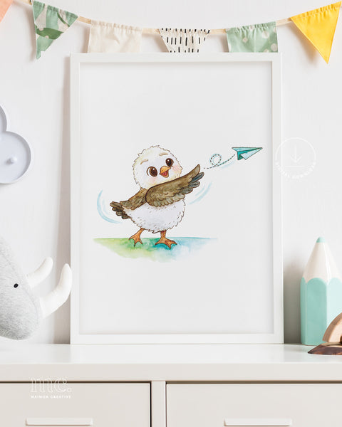 Framed watercolour illustration of a fluffy karoro throwing a paper plane