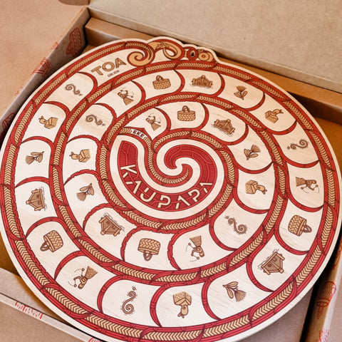 Close-up of Kaupapa game board with Māori motifs.