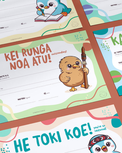 Bilingual Māori certificates for primary school and ECE large pack classroom award certificates with cute cartoon kiwi and kororā penguin illustrations