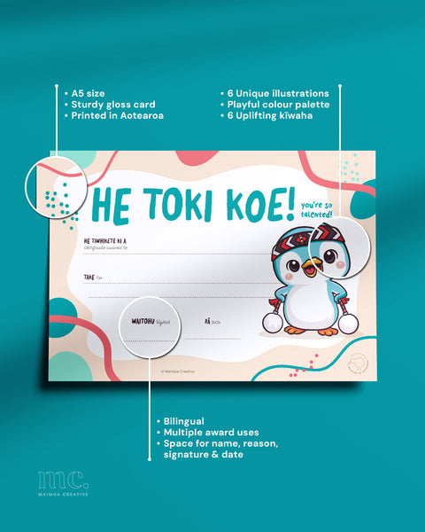 He Toki Koe Māori creativity certificate for children with cute kororā penguin illustration wearing a tīpare and holding poi – bilingual classroom award for primary school and kura kaupapa