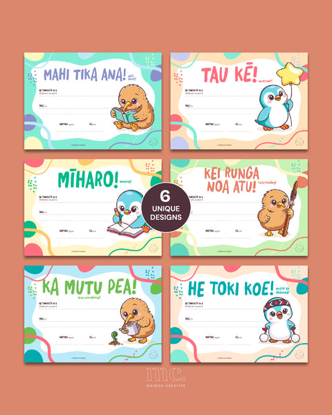 Six colourful designs of Bilingual Māori certificates for primary school and ECE – large pack classroom award certificates with kiwi and kororā illustrations