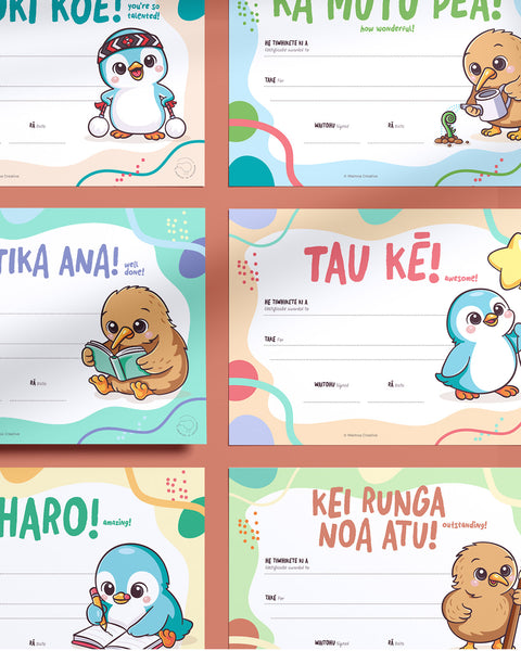 Bilingual Māori certificates for primary school and ECE large pack classroom award certificates with cute cartoon kiwi and kororā penguin illustrations