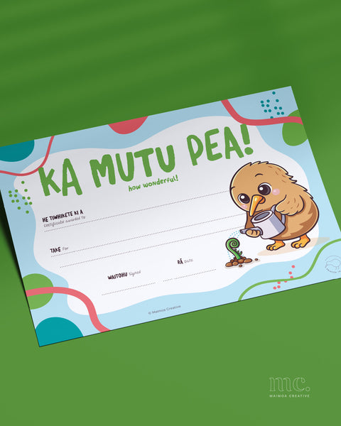 Ka mutu pea how wonderful bilingual Māori certificate for primary school students – classroom award certificate with cute kiwi illustration watering a fern frond
