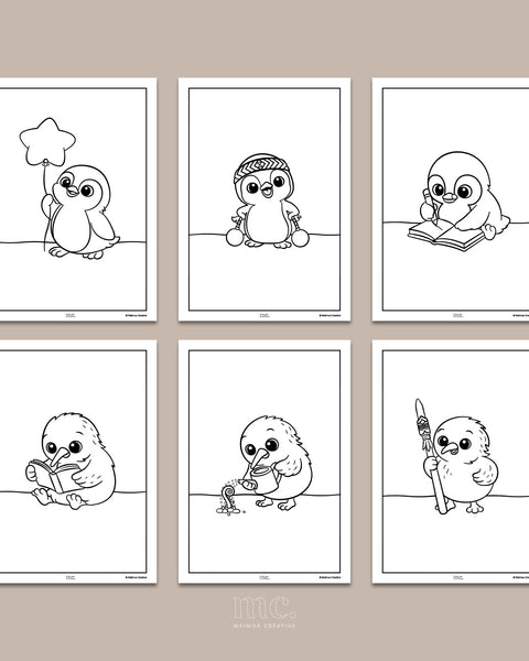 Set of six colouring pages with New Zealand korora penguins and kiwi birds