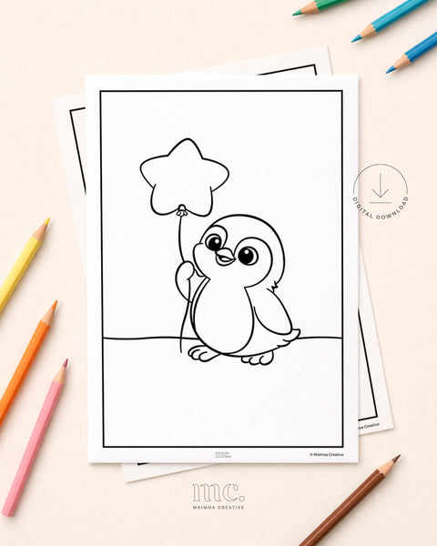 Colouring page of a kororā penguin holding a star balloon with coloured pencils around it.