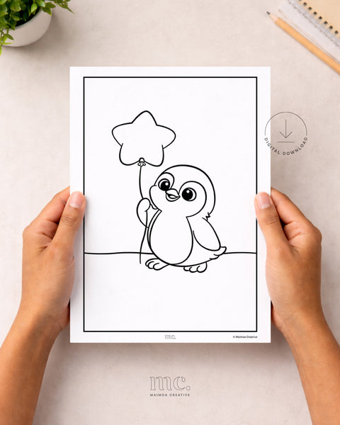 Colouring page of a kororā penguin holding a star balloon held by hands.