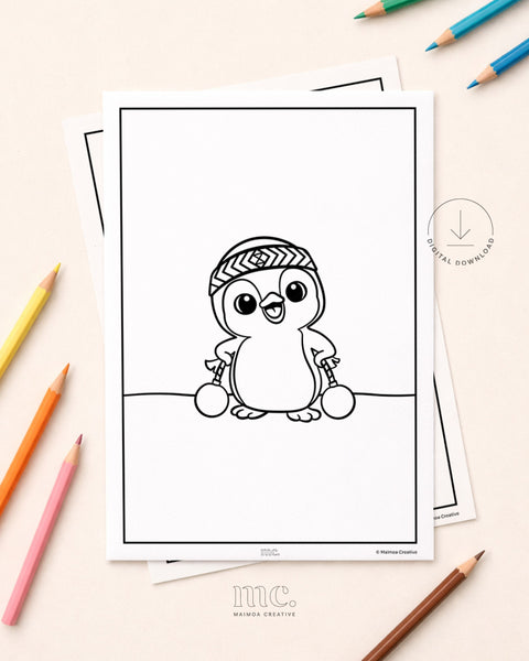 Colouring page of a korora penguin wearing a tīpare Māori headband and holding poi.