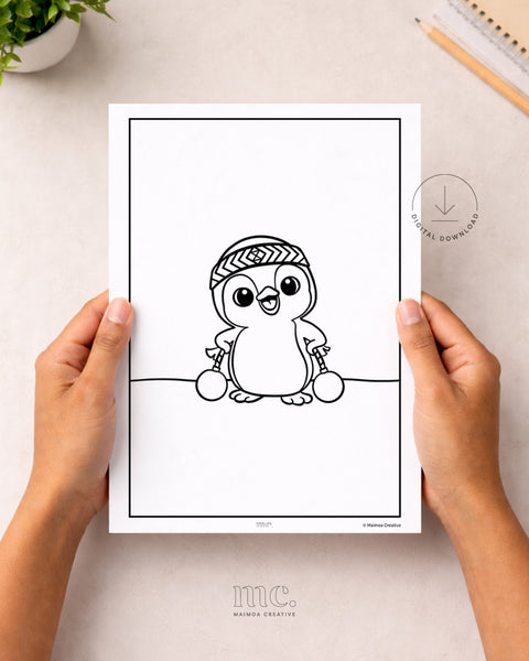 Two hand holding a colouring page of a korora penguin wearing a tīpare Māori headband and holding poi