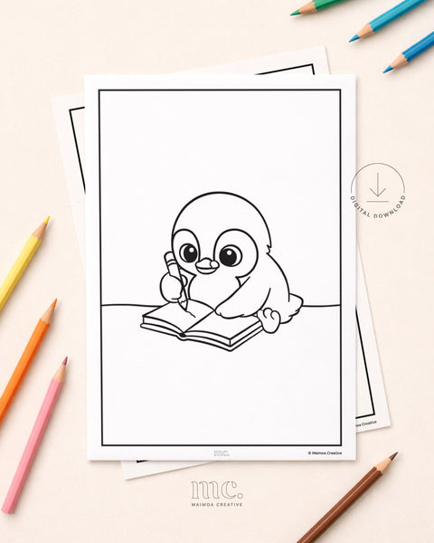 Aotearoa colouring page download of a korora penguin writing in a notebook.