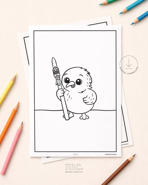 Coloring page of a kiwi bird holding a Māori taiaha