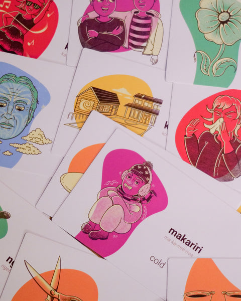 Collection of colourful illustrated cards with te reo Māori words and translations