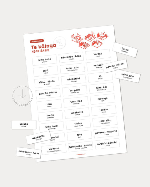 A set of free printable bilingual labels in te reo Māori for around the home.