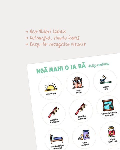 Te reo Māori routine cards with colourful simple icons and easy-to-recognise visuals for tamariki daily routines