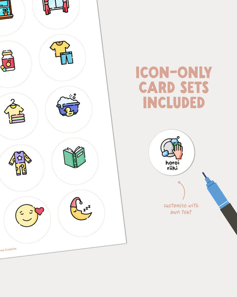 Printable te reo Māori routine cards with blank customisable cards for whānau routines and chores