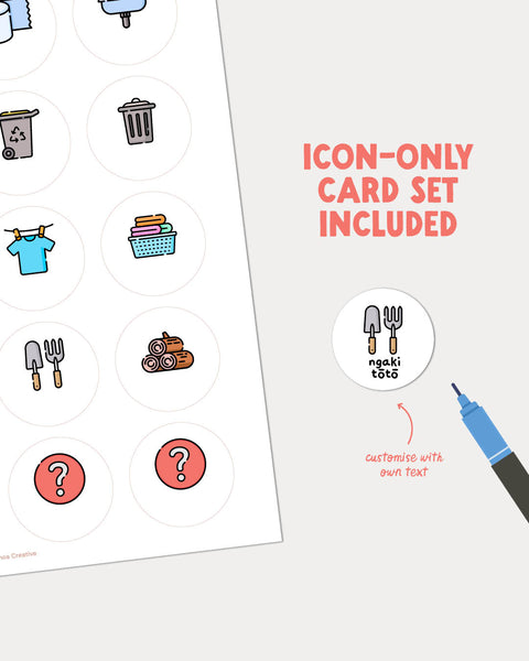 Collection of icon-only reo Māori chore cards for routine and chore charts