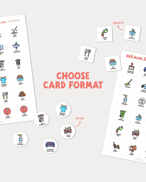Collection of reo Māori chore cards for routine and chore charts in square or circle format