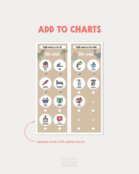 Two chore charts with te reo māori chore cards including icons on a beige background