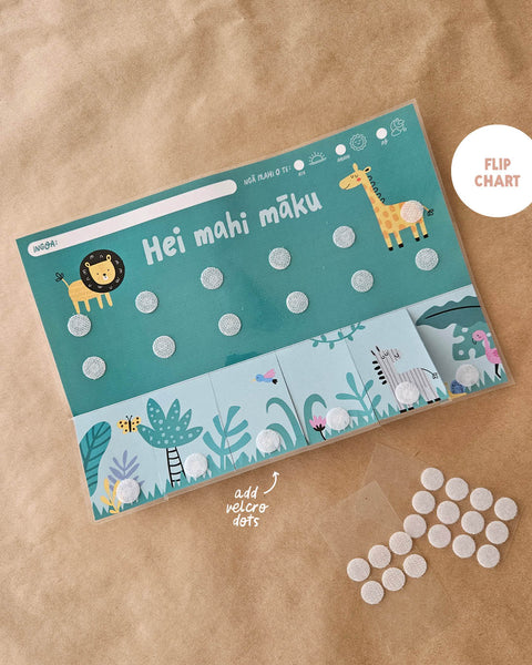 Flip chart with zoo animal illustrations and velcro dot stickers