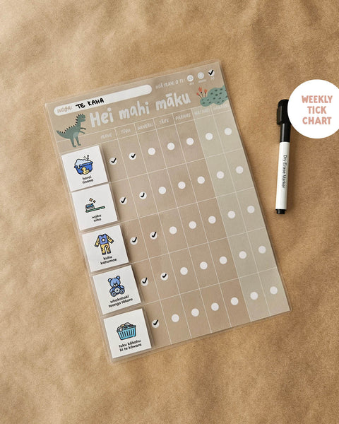 Te Reo Māori weekly routine tick chart with dinosaur illustrations