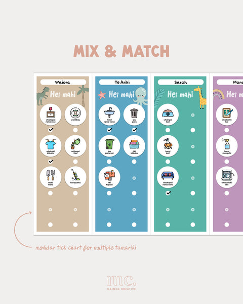 Mix and match te reo Māori modular routine chart for multiple tamariki printable home routine system