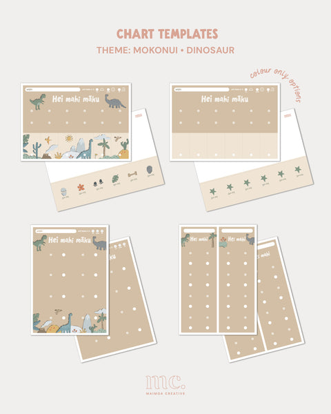 Dinosaur theme te reo Māori printable routine chart templates with plain colour-only chart options