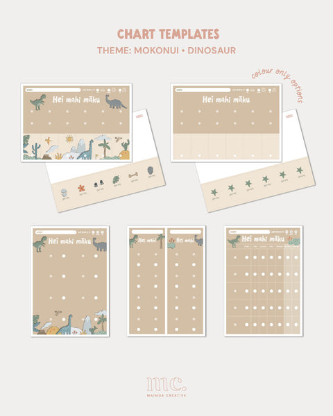 Dinosaur theme te reo Māori printable routine chart templates with plain colour-only chart options