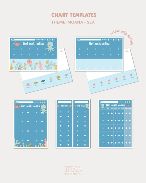 Under the Sea theme te reo Māori printable routine chart templates with plain colour-only chart options