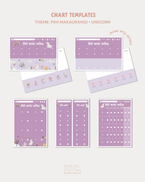 Unicorn theme te reo Māori printable routine chart templates with plain colour-only chart options