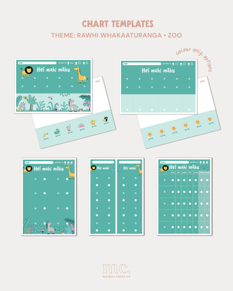 Zoo animals theme te reo Māori printable routine chart templates with plain colour-only chart options