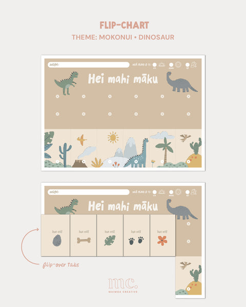 Dinosaur theme te reo Māori flip chart routine chart printable for tamariki daily tasks and routines