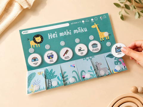 te reo māori flip chart with zoo animals and routine cards stuck on with velcro dots on a light background
