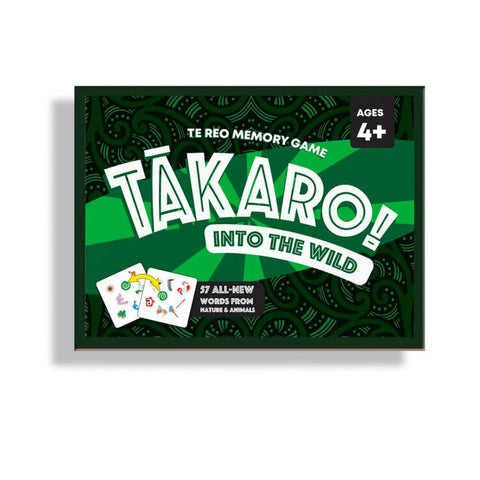 Tākaro! Into the Wild memory game packaging with green and white design.