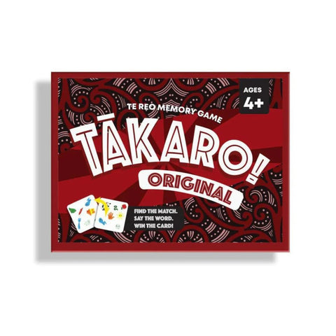 Takaro! Original reo Māori memory game box with red and black design