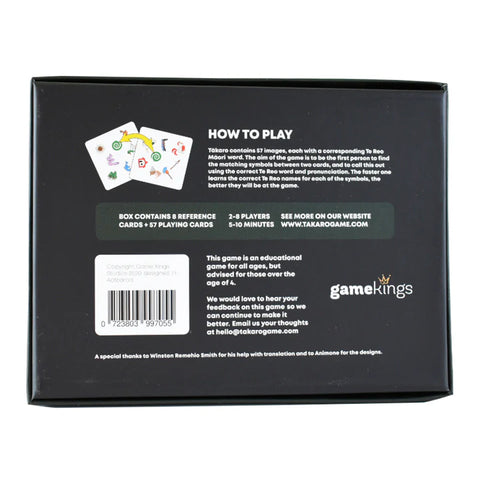 Back of a black card game box with text and small illustrations on a white background